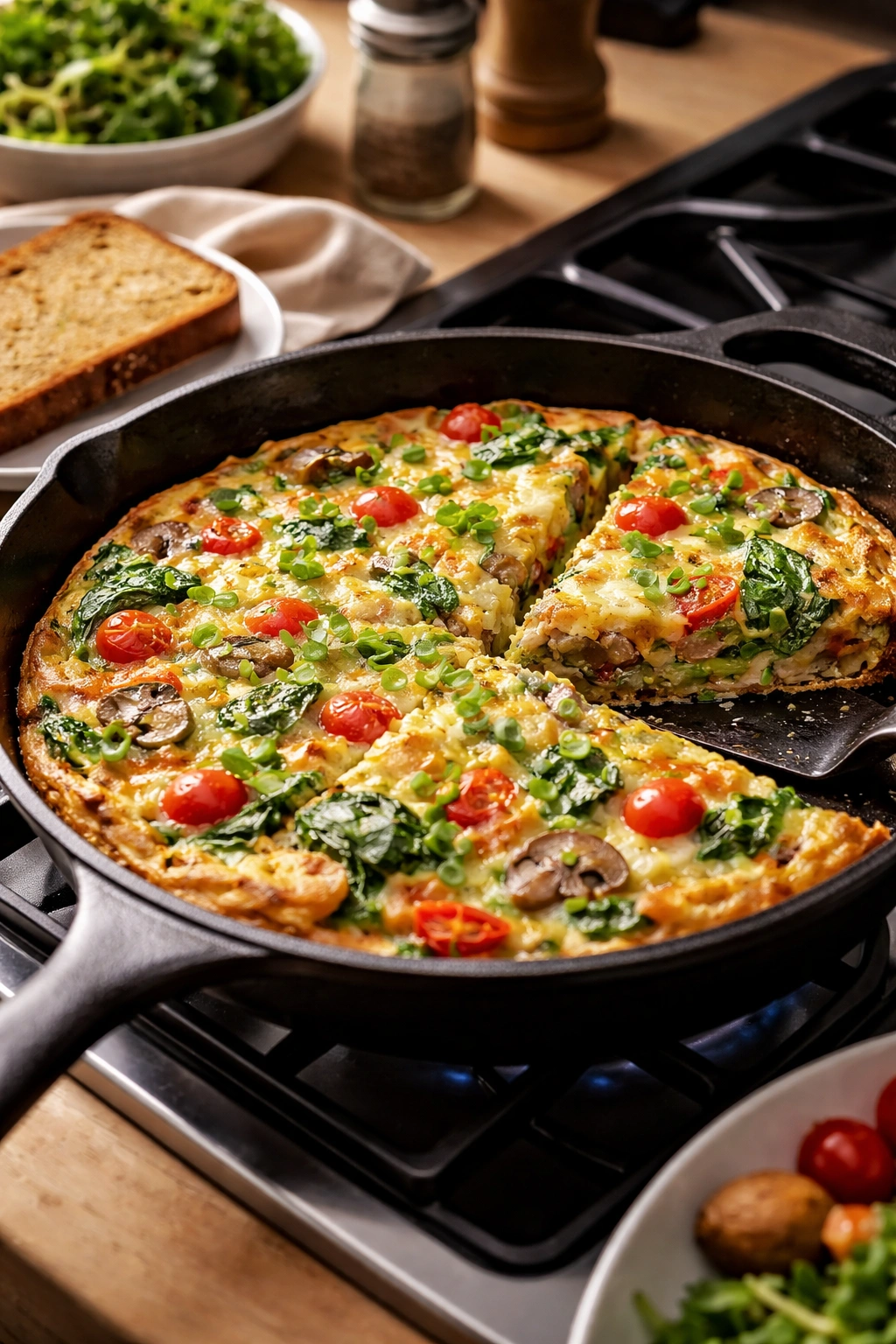 Frittata in a skillet with toast on the side