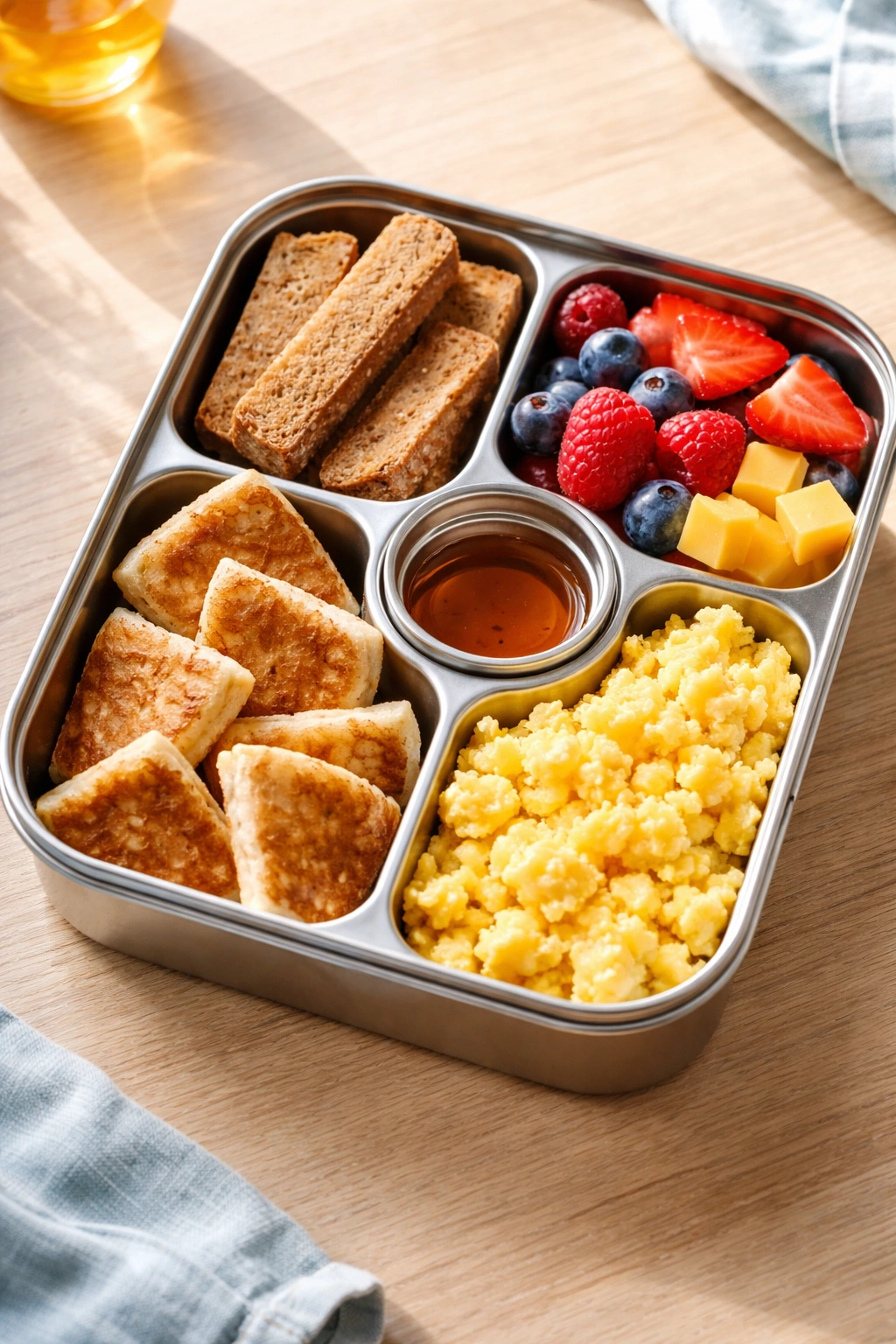 Breakfast-inspired lunchbox with toast, pancakes, eggs, berries, and cheese