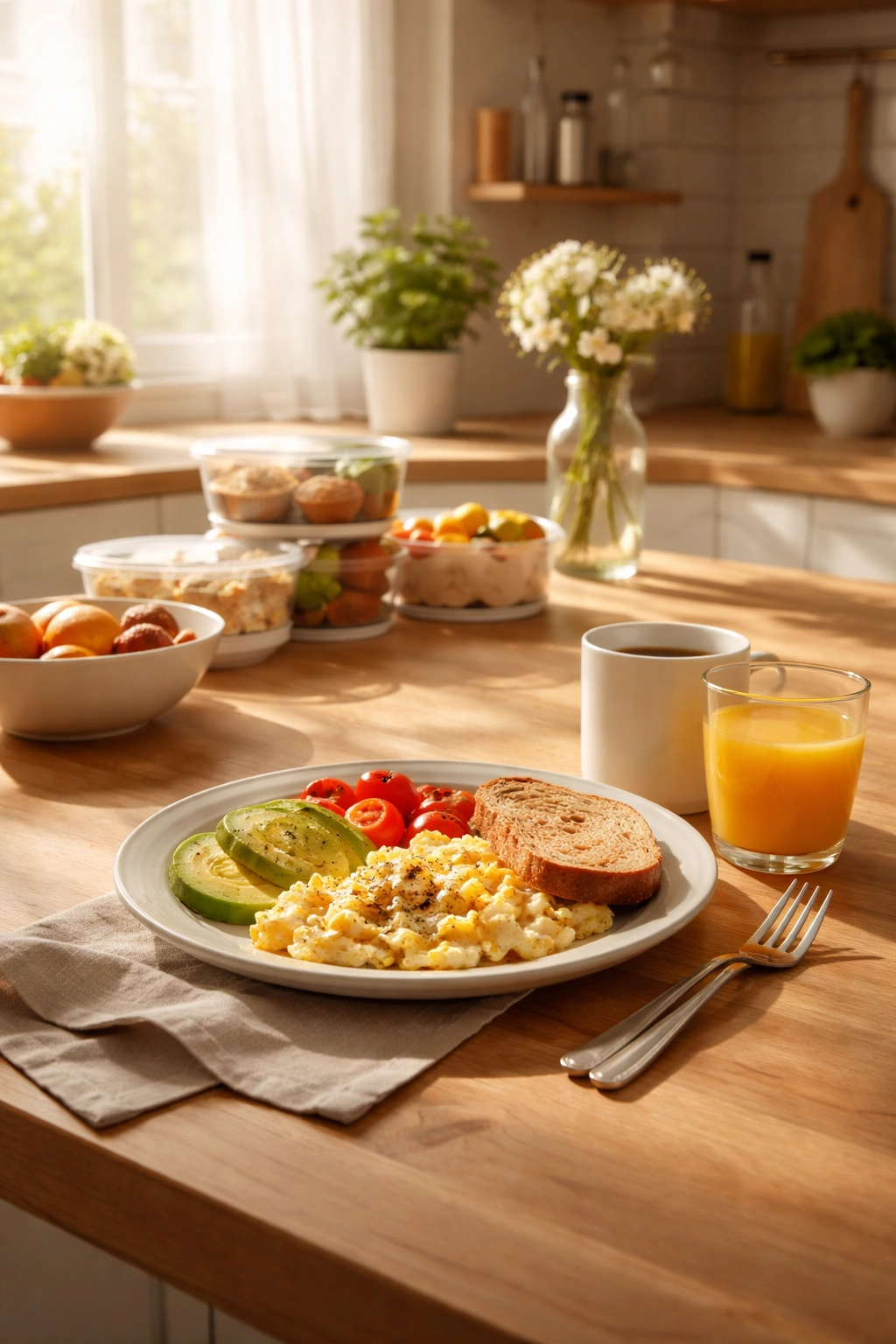 Calm morning kitchen with breakfast plate in soft sunlight