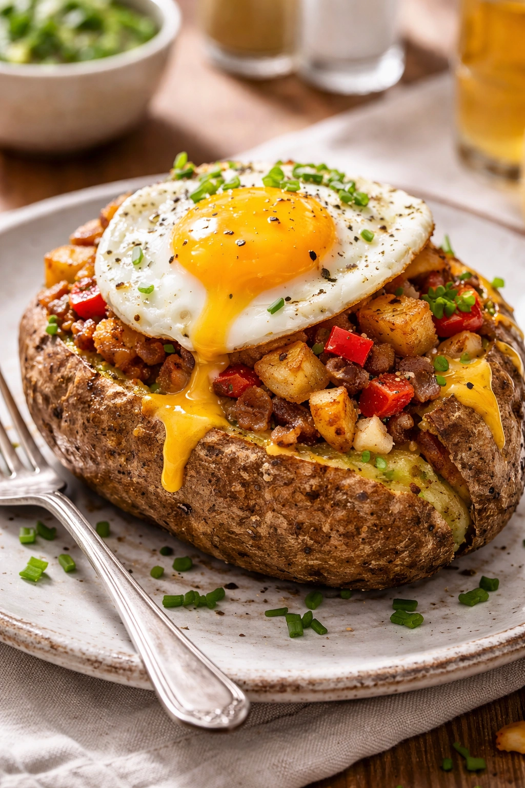 Baked potato topped with breakfast hash and a sunny-side-up egg