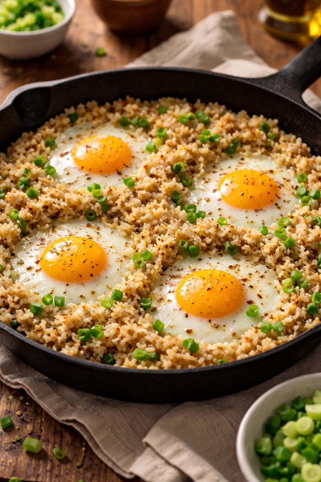 Skillet of breakfast rice with eggs cooking into wells