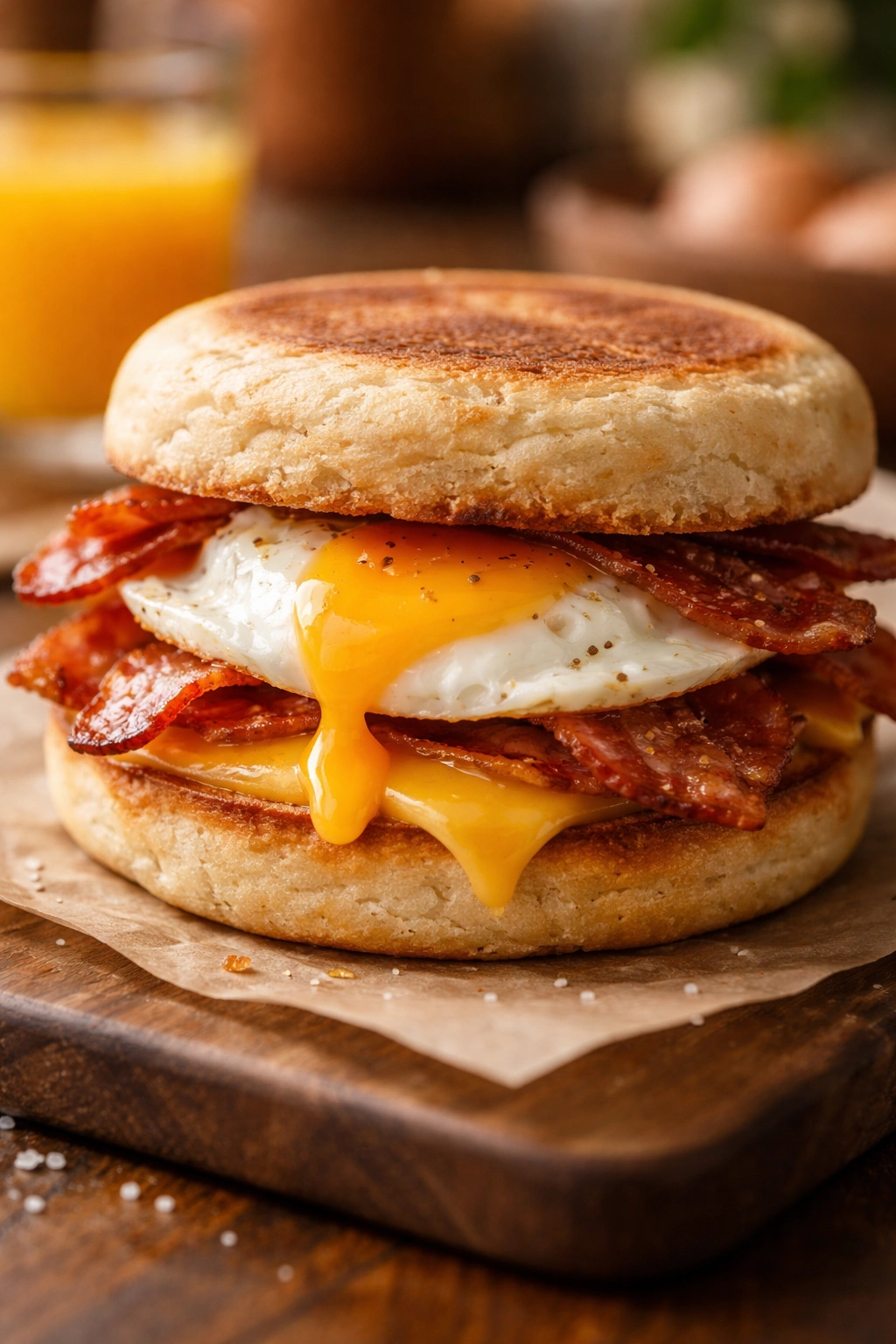 Close-up of a classic egg, cheese, and bacon sandwich on a plate showing a runny yolk
