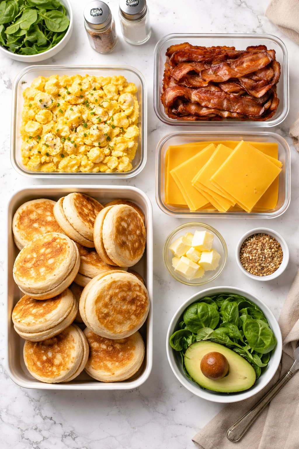 Prepped sandwich components arranged for breakfast assembly
