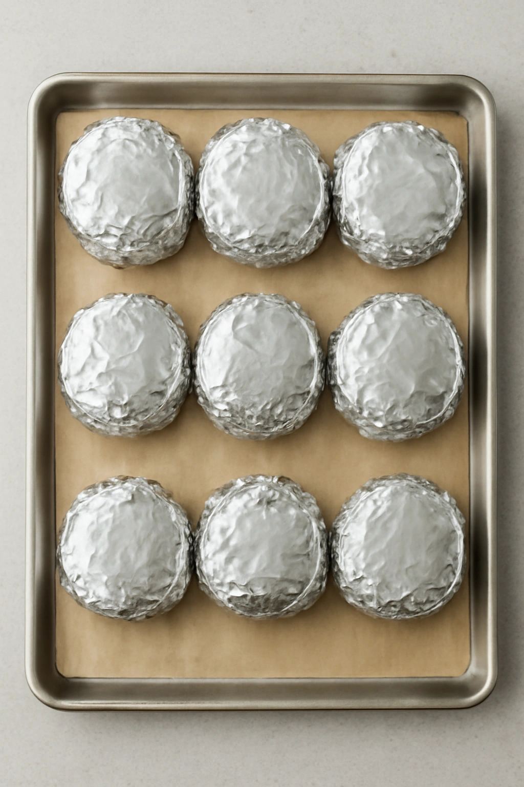 Row of foil-wrapped breakfast sandwiches on a parchment-lined sheet, ready to freeze