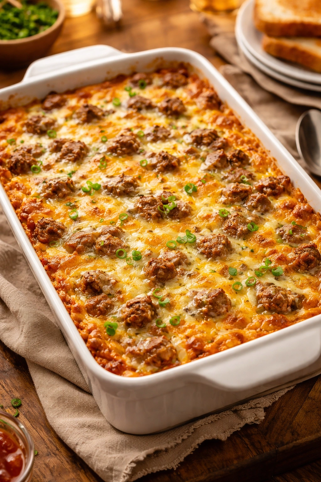 Casserole with eggs, sausage, and cheese baking in the oven