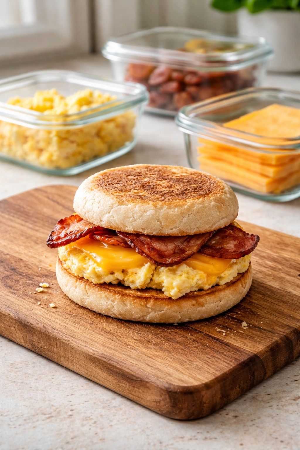 Close-up of a breakfast sandwich on a wooden board with storage containers in the background