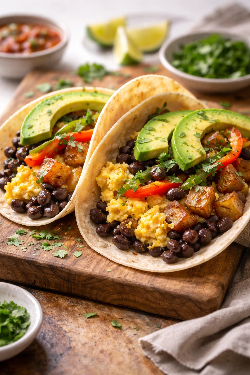 Close-up of two breakfast tacos with beans, eggs, potatoes, peppers and avocado on a wooden board