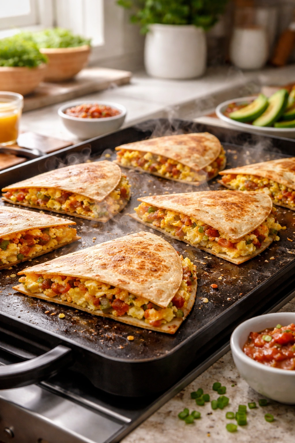 Quesadillas on a hot griddle with steam to stay warm for a group breakfast