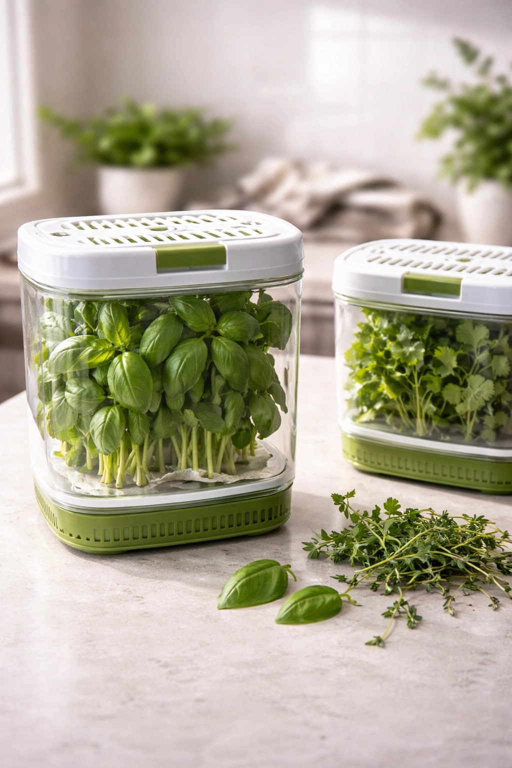 Breathable herb storage containers with herbs