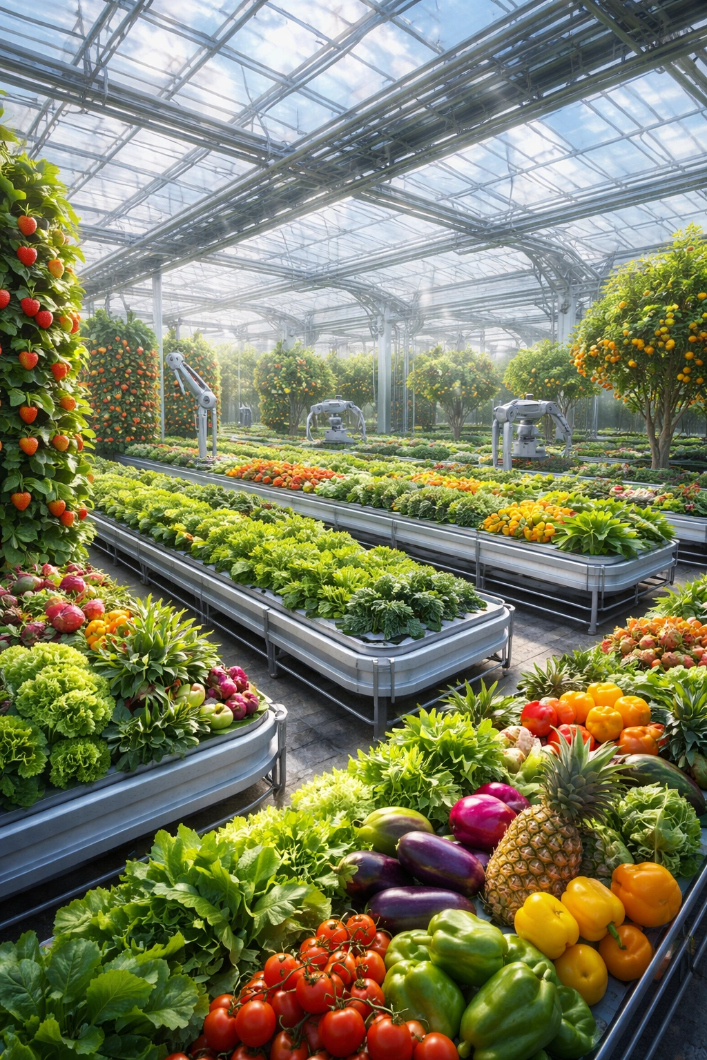 Futuristic greenhouse with diverse crops and advanced growing systems