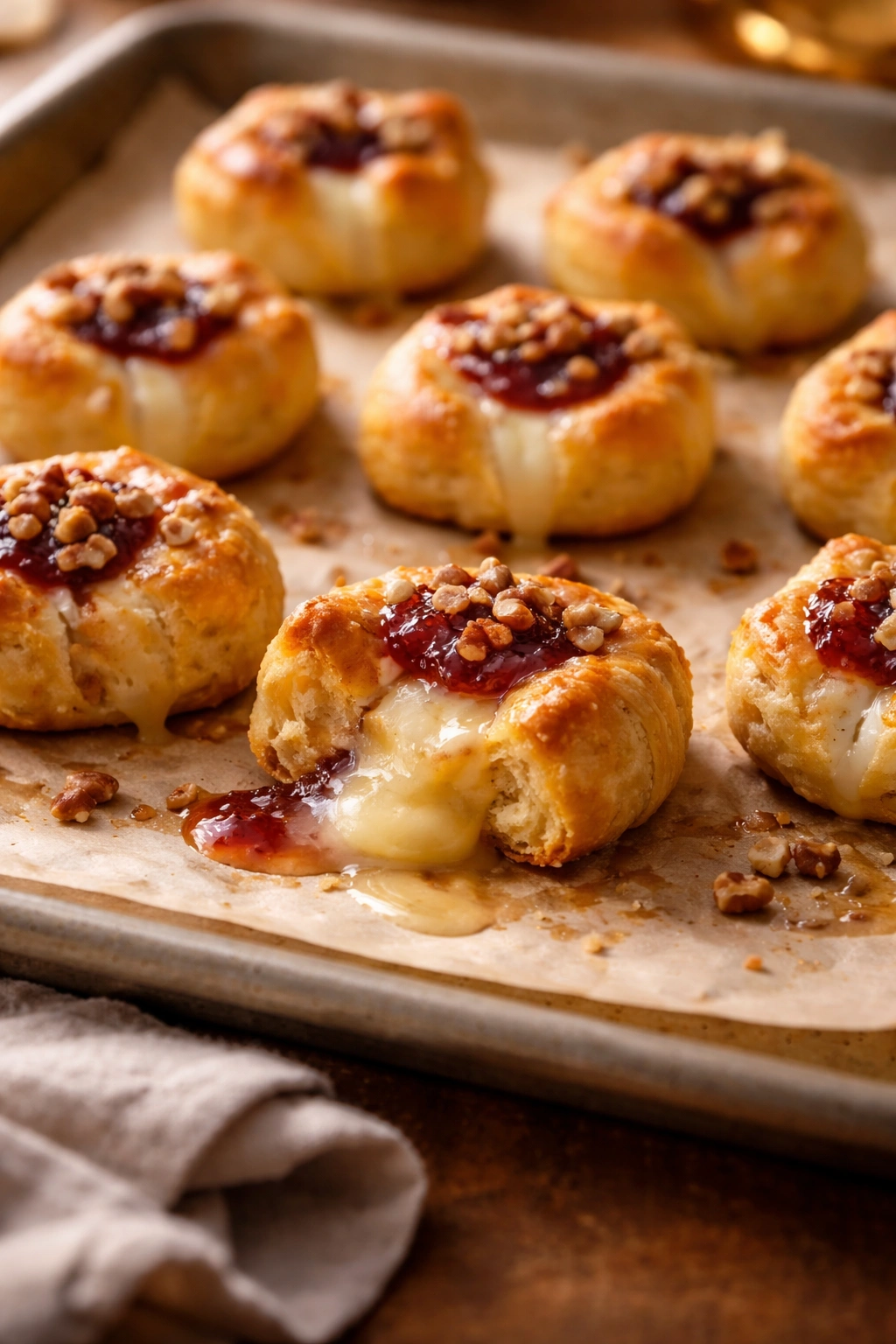 Brie bites on baking sheet showing both crisp pastry and a leaky bite