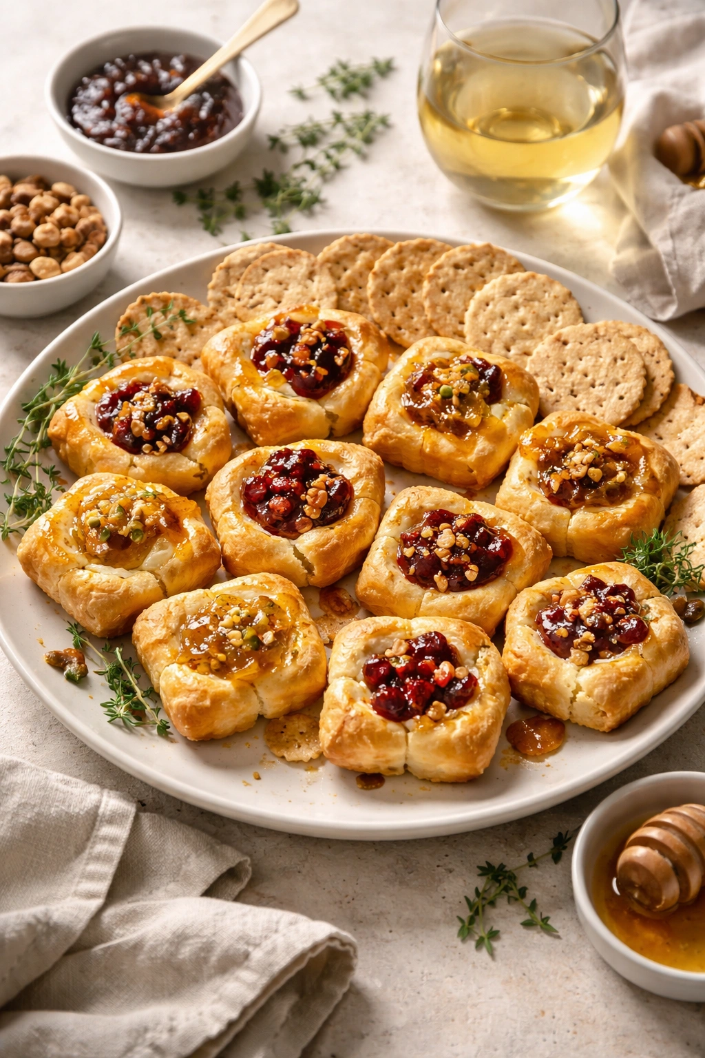 Plate of brie bites with crackers and a glass of wine
