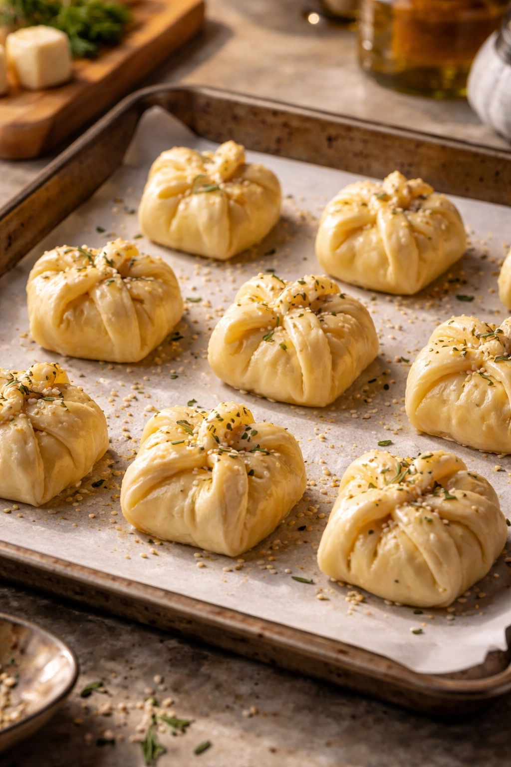 Close-up of eight puff pastry-wrapped brie bites on parchment-lined sheet ready to bake