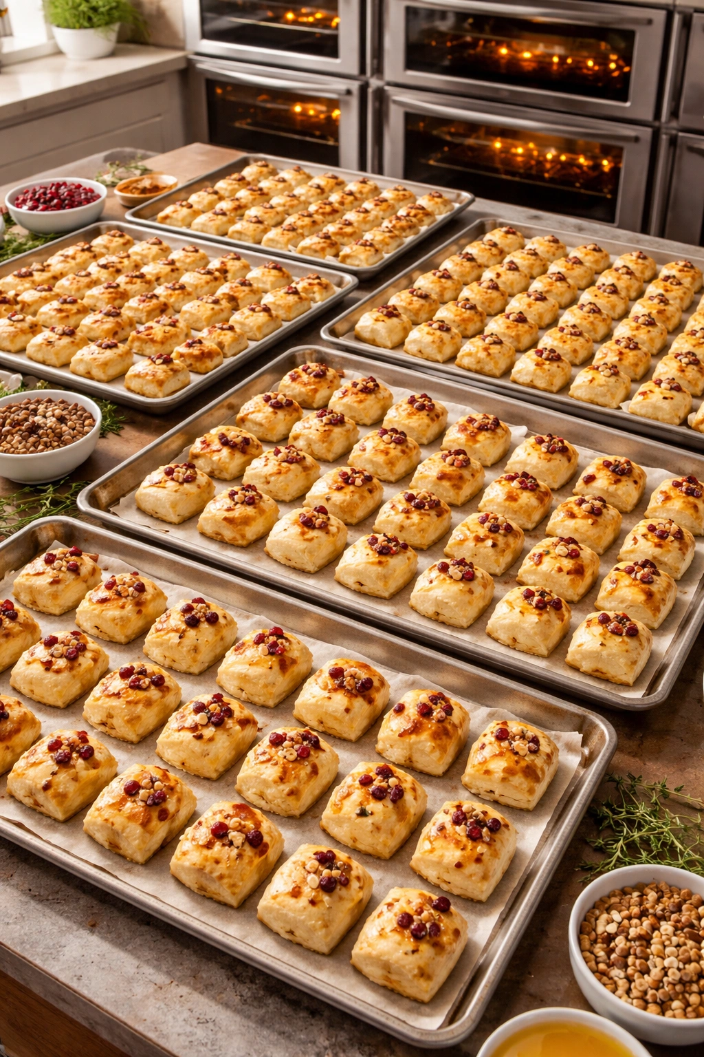 Overhead view of baking sheets with puff pastry-wrapped brie bites ready to bake, illustrating scalable group catering.