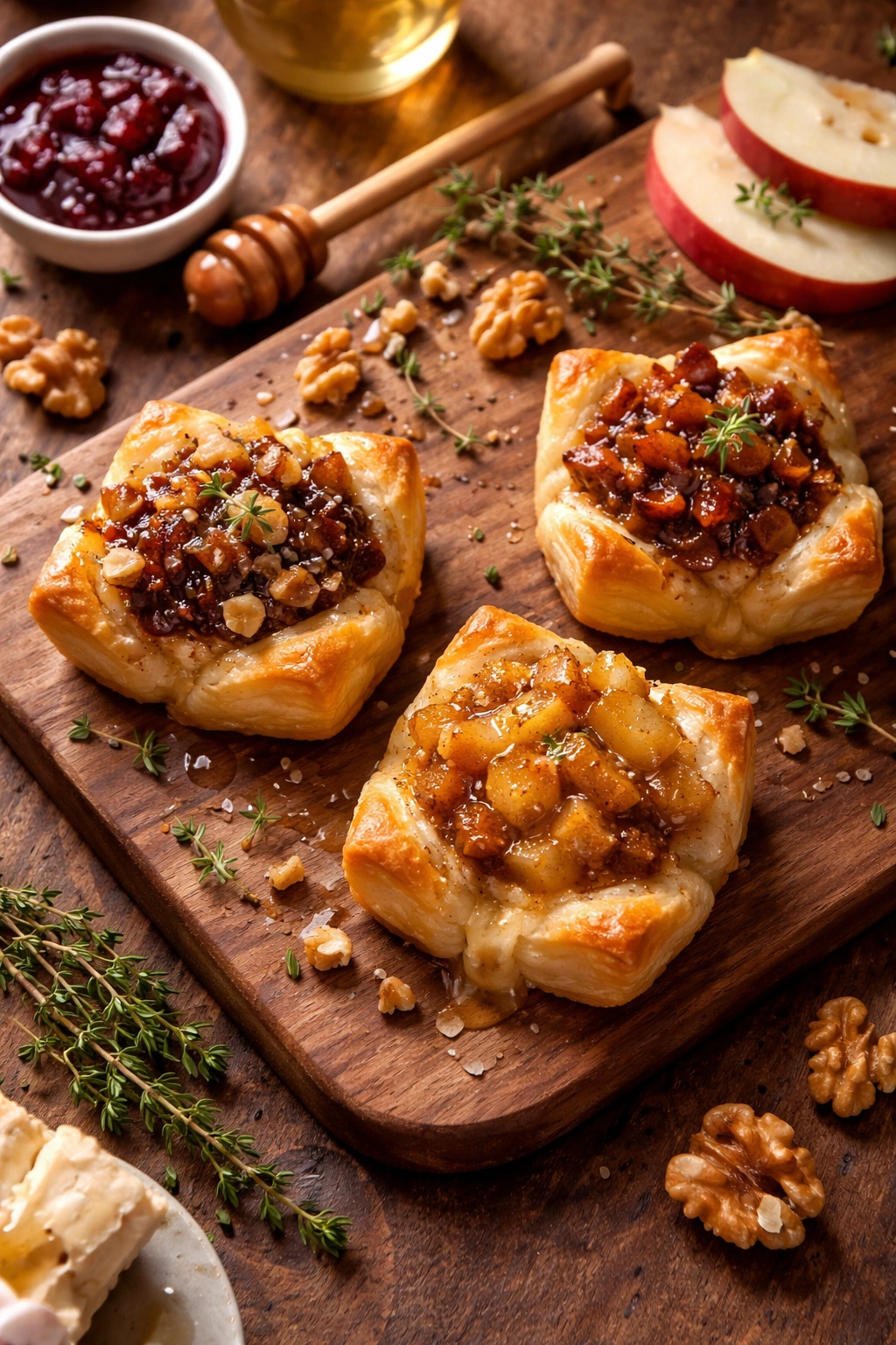 Three variations of Brie bites with toppings