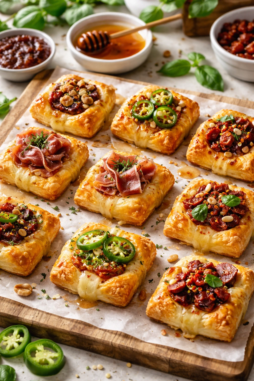 Assorted baked brie bites with different toppings on parchment