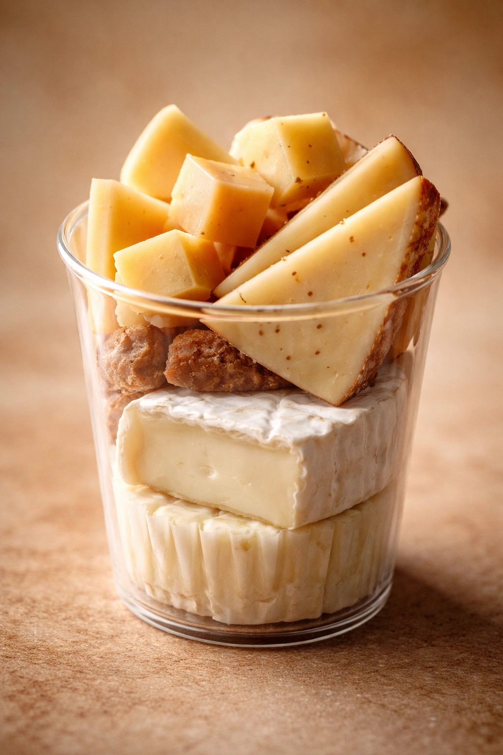 Charcuterie cup with Brie base and semi-firm cheese cubes