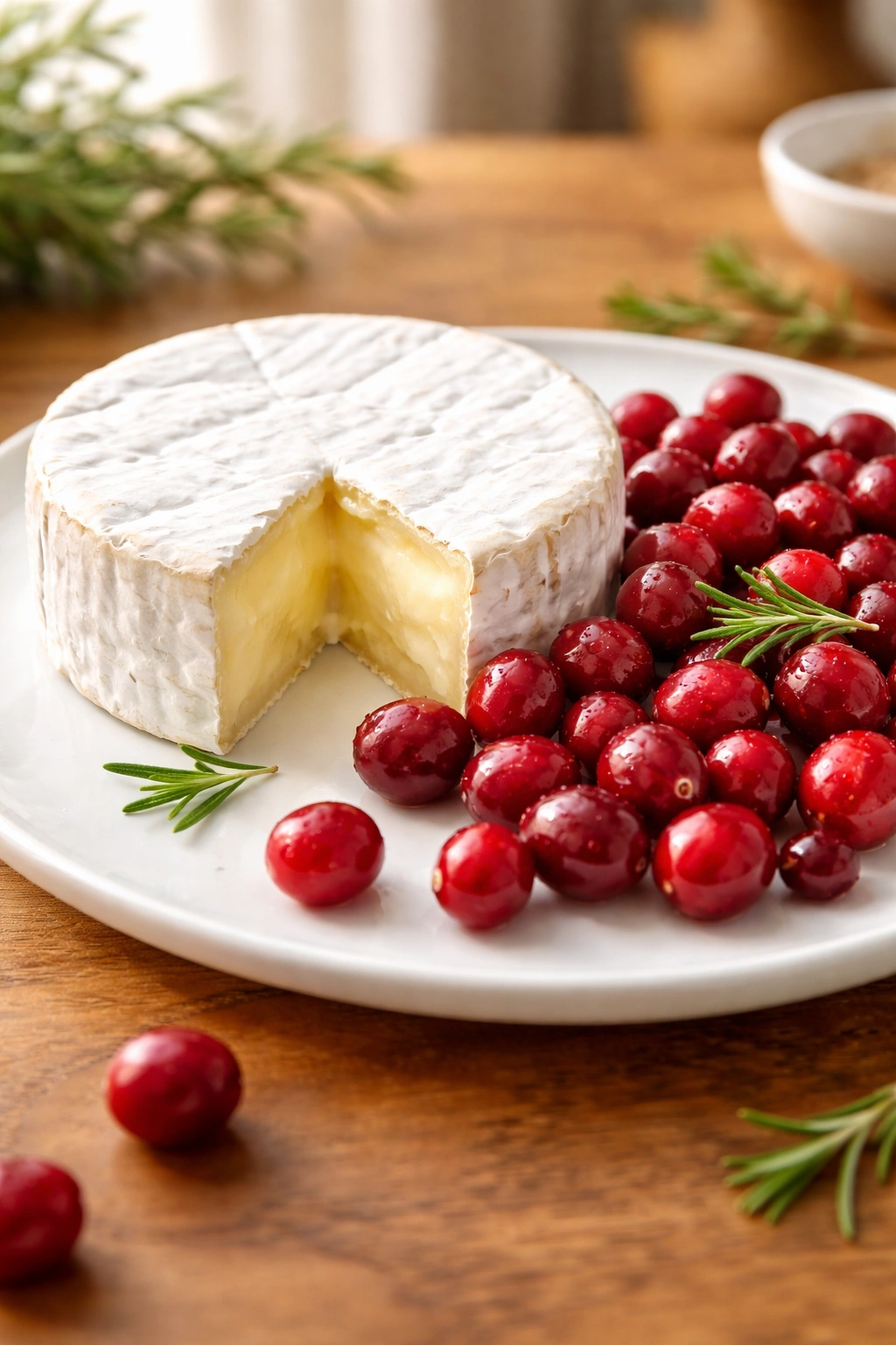 Brie and cranberries pairing close-up on plate