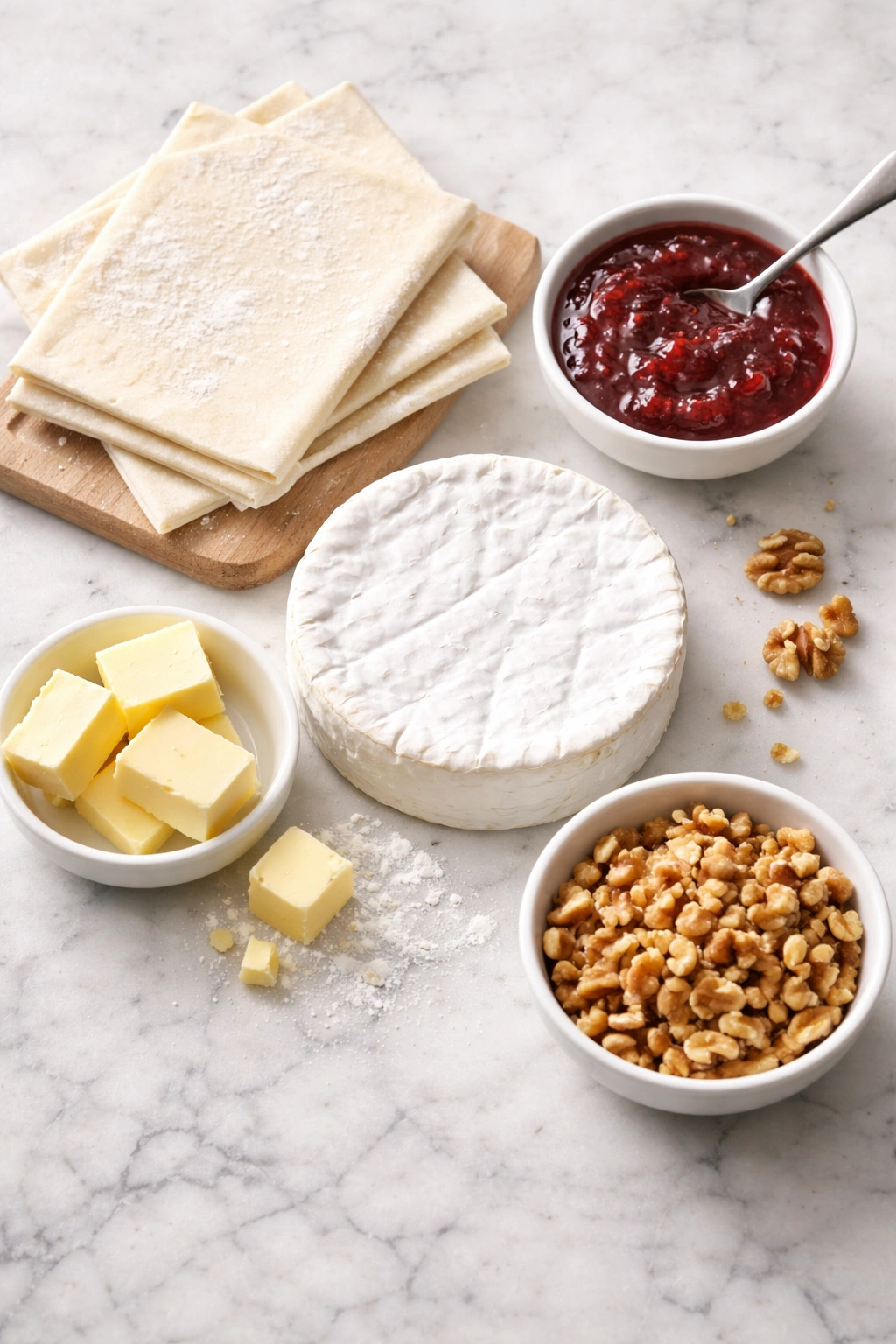 Top-down view of brie and pastry ingredients on marble surface