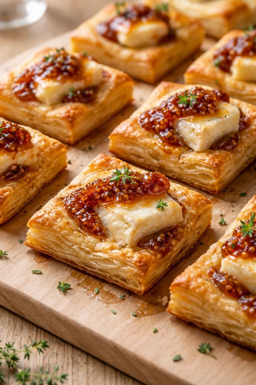 Golden puff pastry squares with melted brie and fig jam