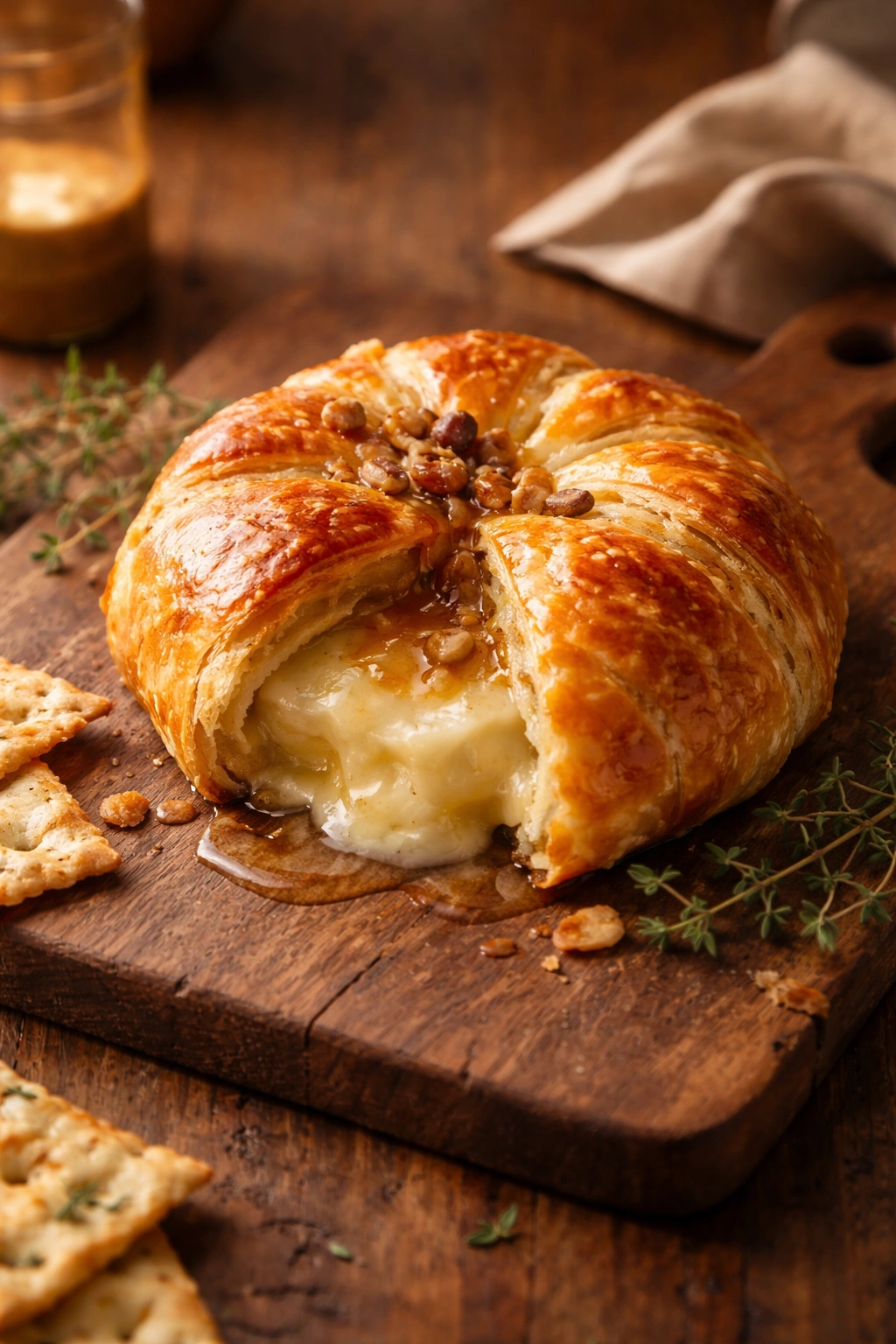 Wheel of brie wrapped in flaky pastry on wooden board, warm kitchen lighting.