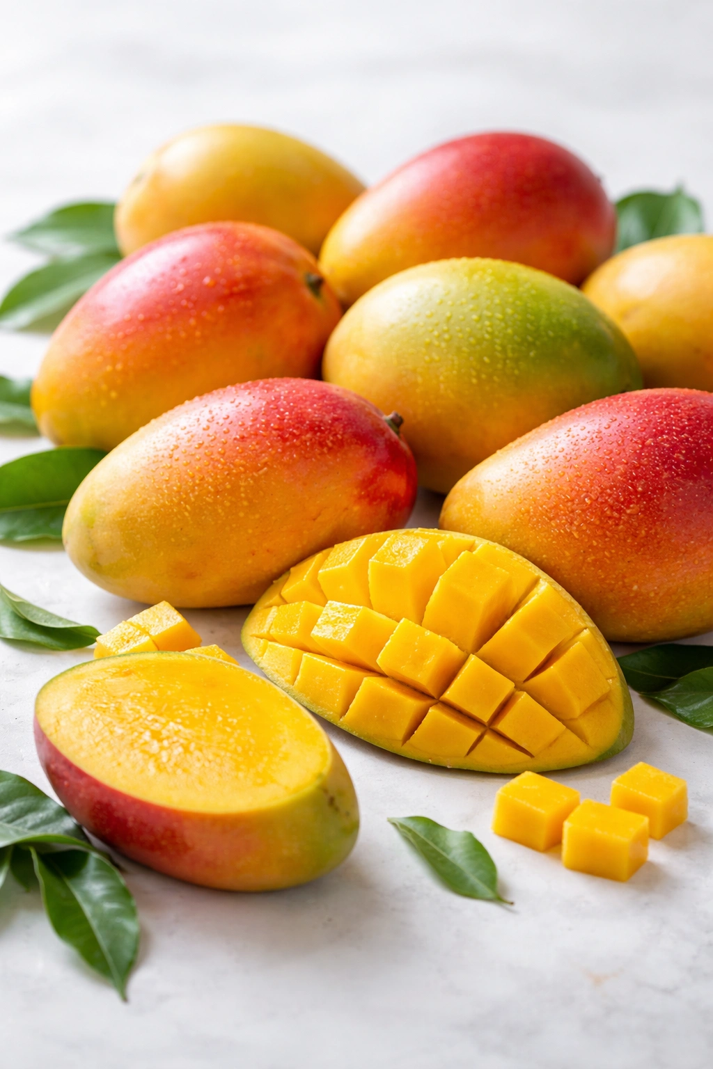 Bright bunch of ripe mangoes on white background