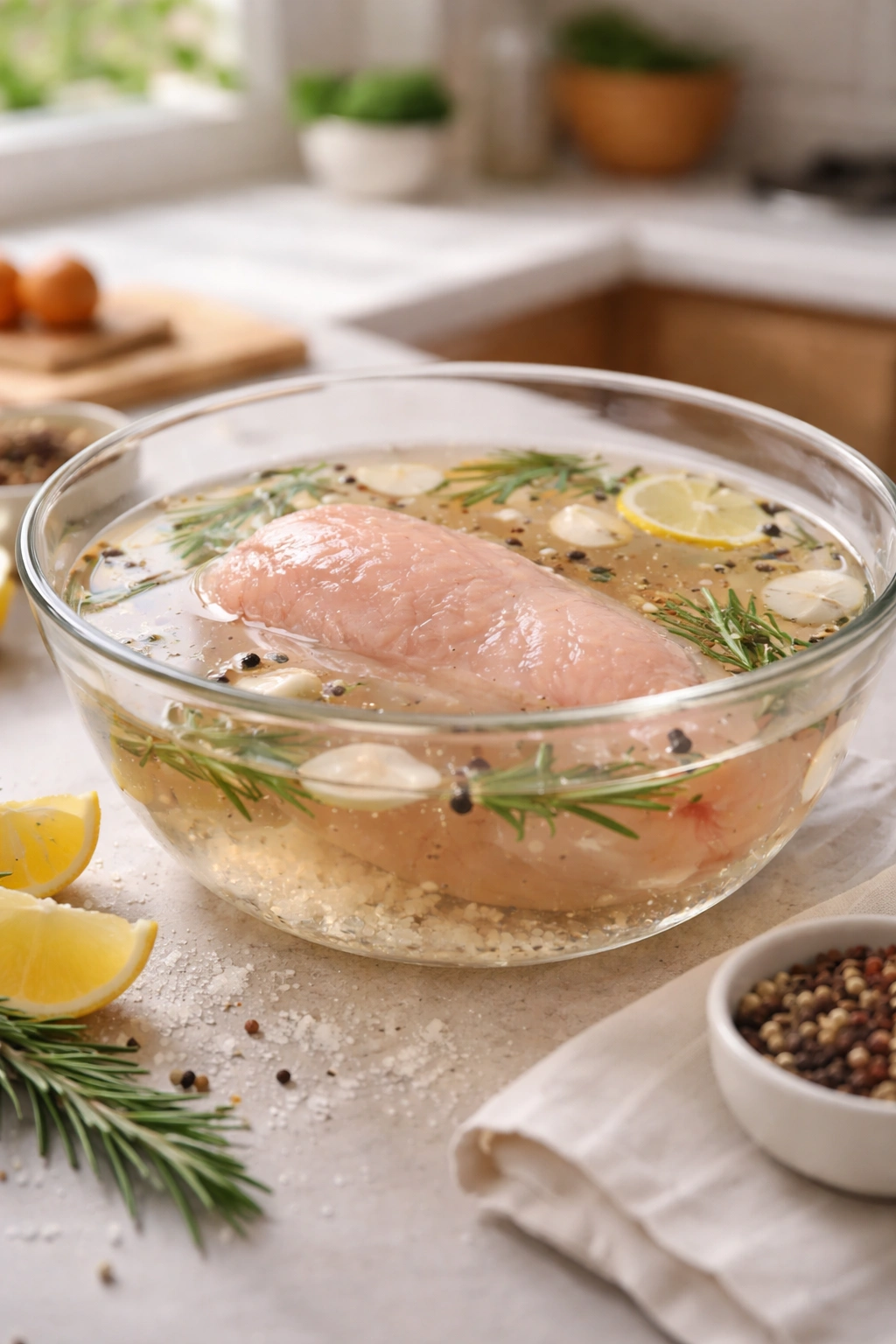 Chicken breast brining in a glass bowl to illustrate moisture and flavor tips