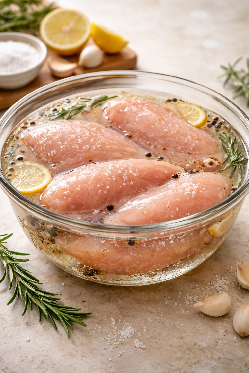 Chicken breasts brining in salted water in a glass bowl