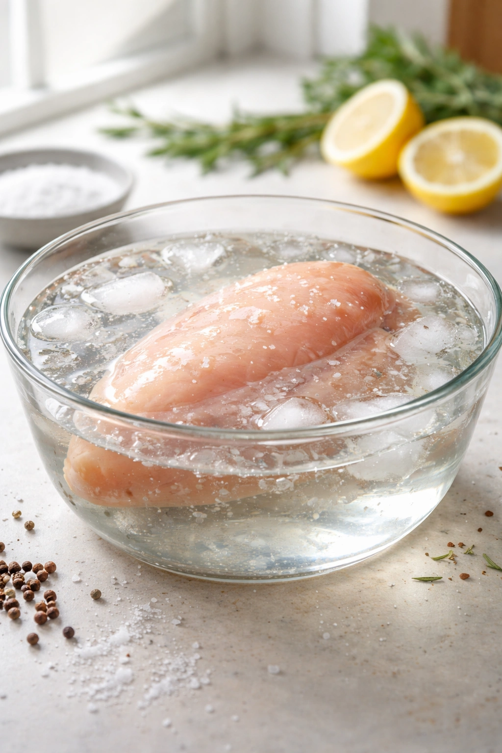 Chicken breast submerged in brine in glass bowl