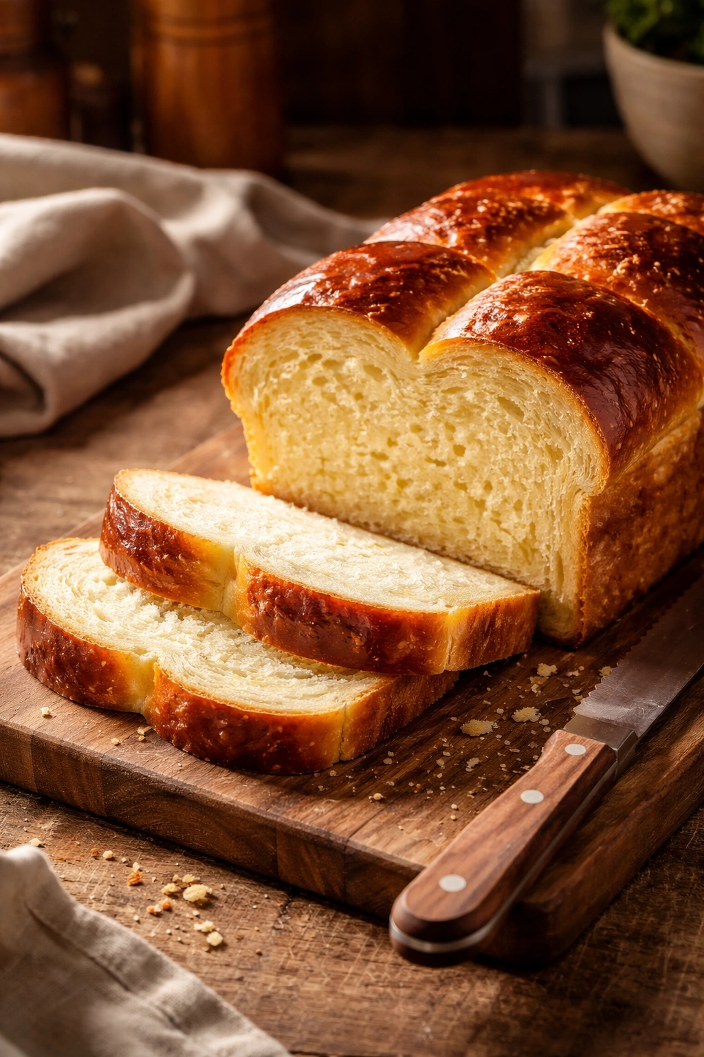 Brioche loaf on cutting board with soft crumb