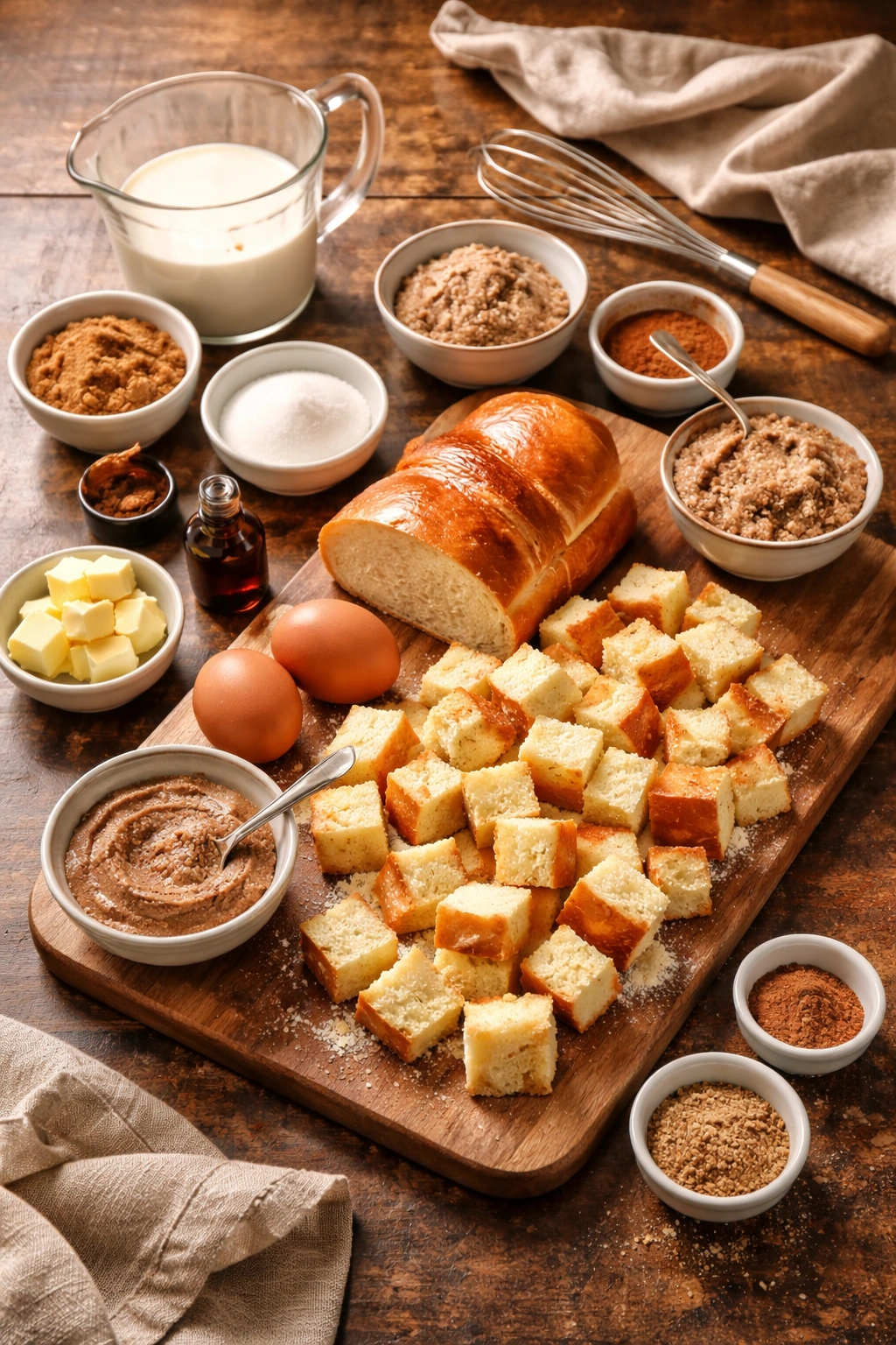 Brioche cubes and cinnamon butter on a wooden board with kitchen tools