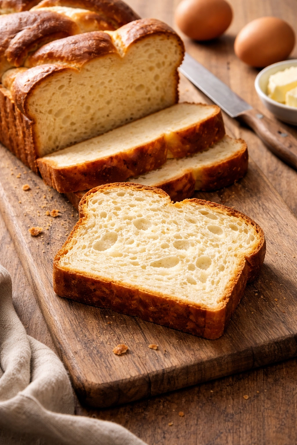 Thick-cut brioche slice with golden crust on wooden board