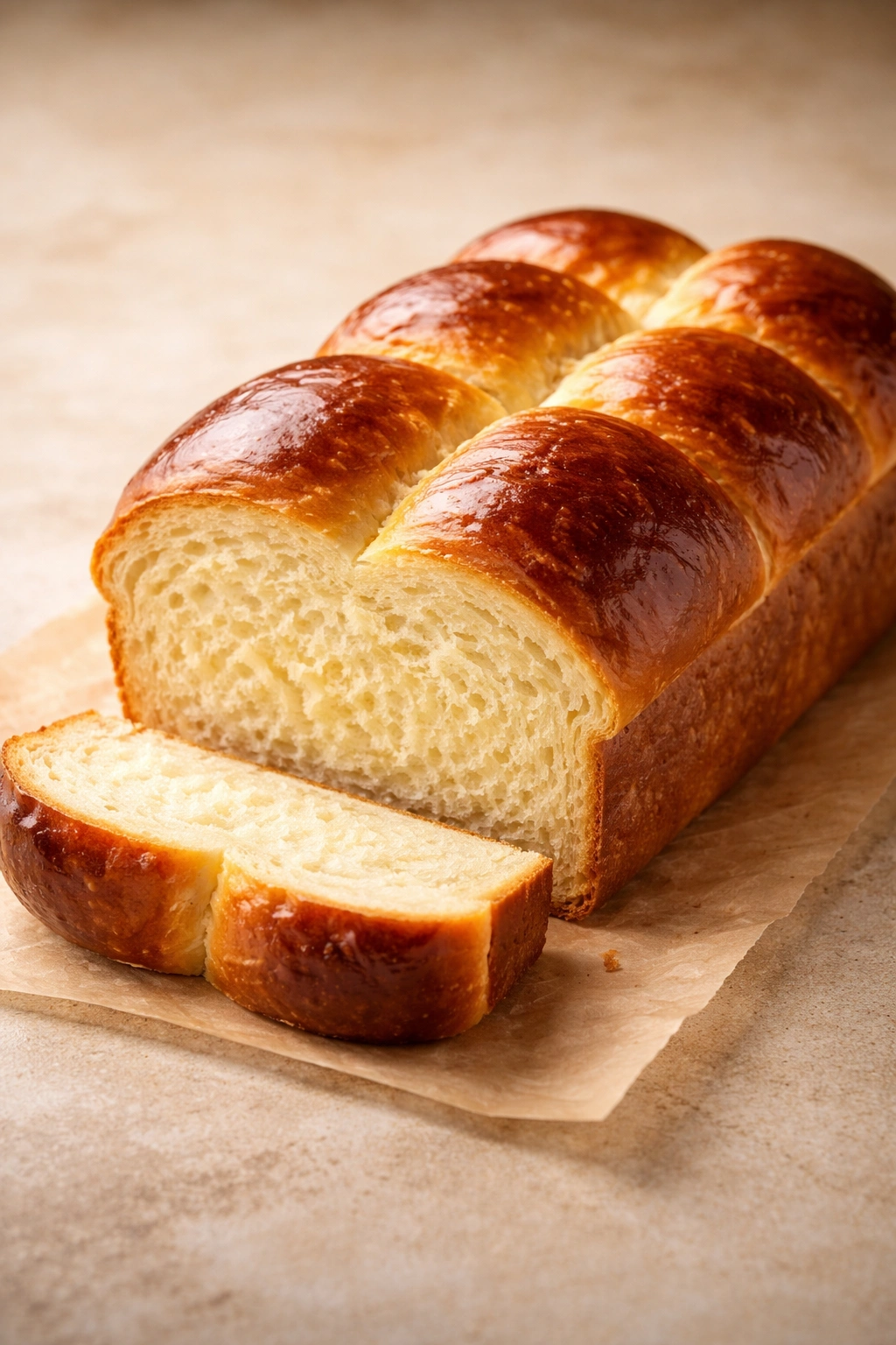 Soft Brioche loaf with glossy golden crust on neutral backdrop
