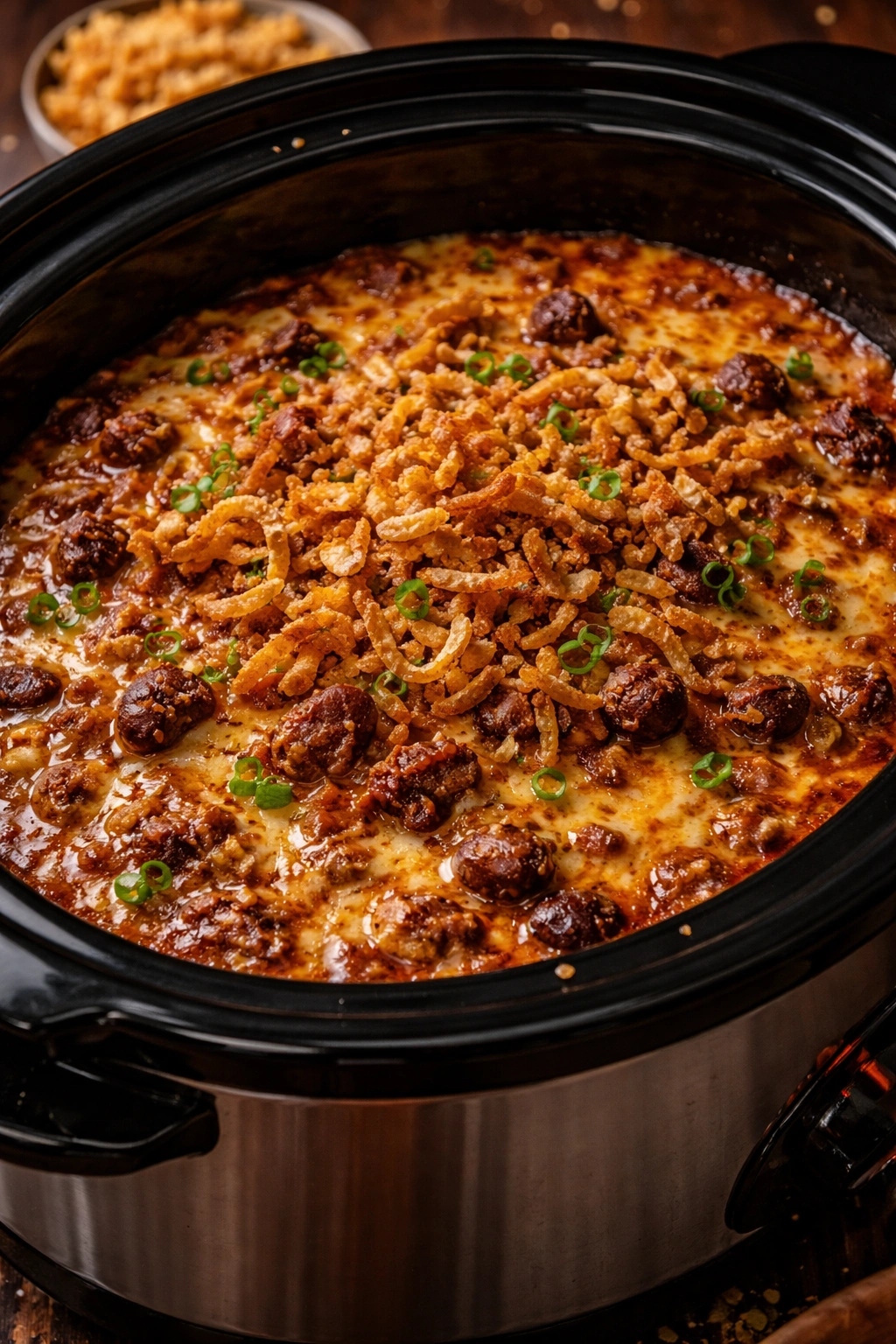 Smoked brisket chili cheese dip in crock pot with crispy onions