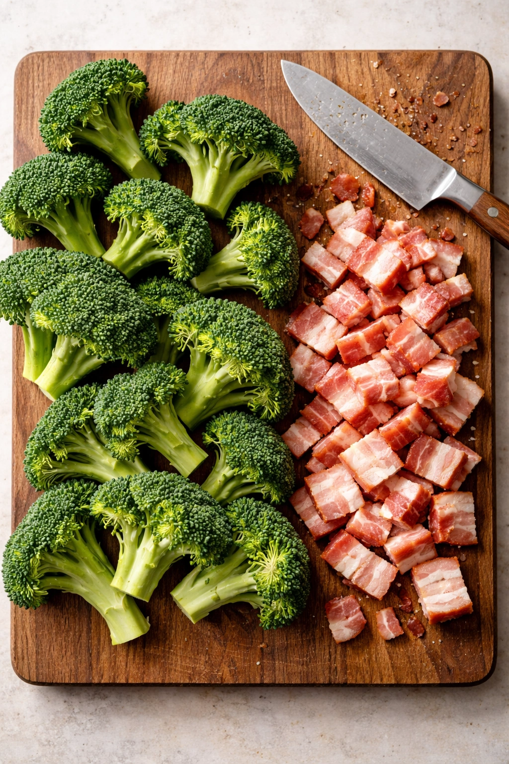 Raw broccoli florets and chopped bacon on cutting board