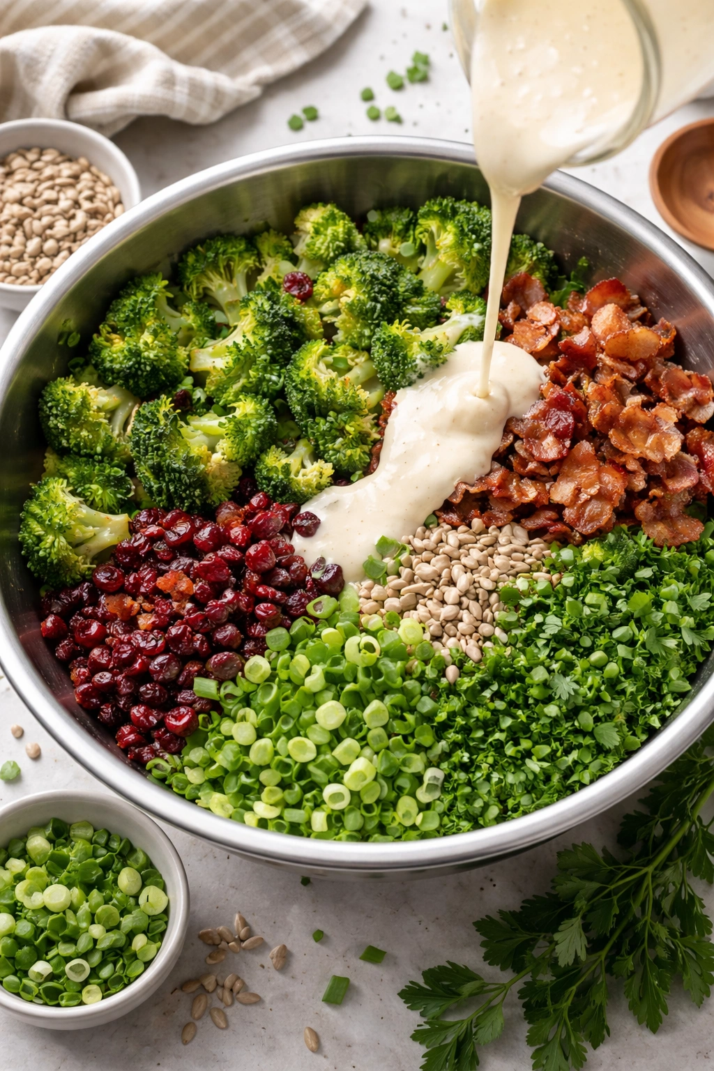 Broccoli salad in a large bowl with bacon, cranberries, seeds
