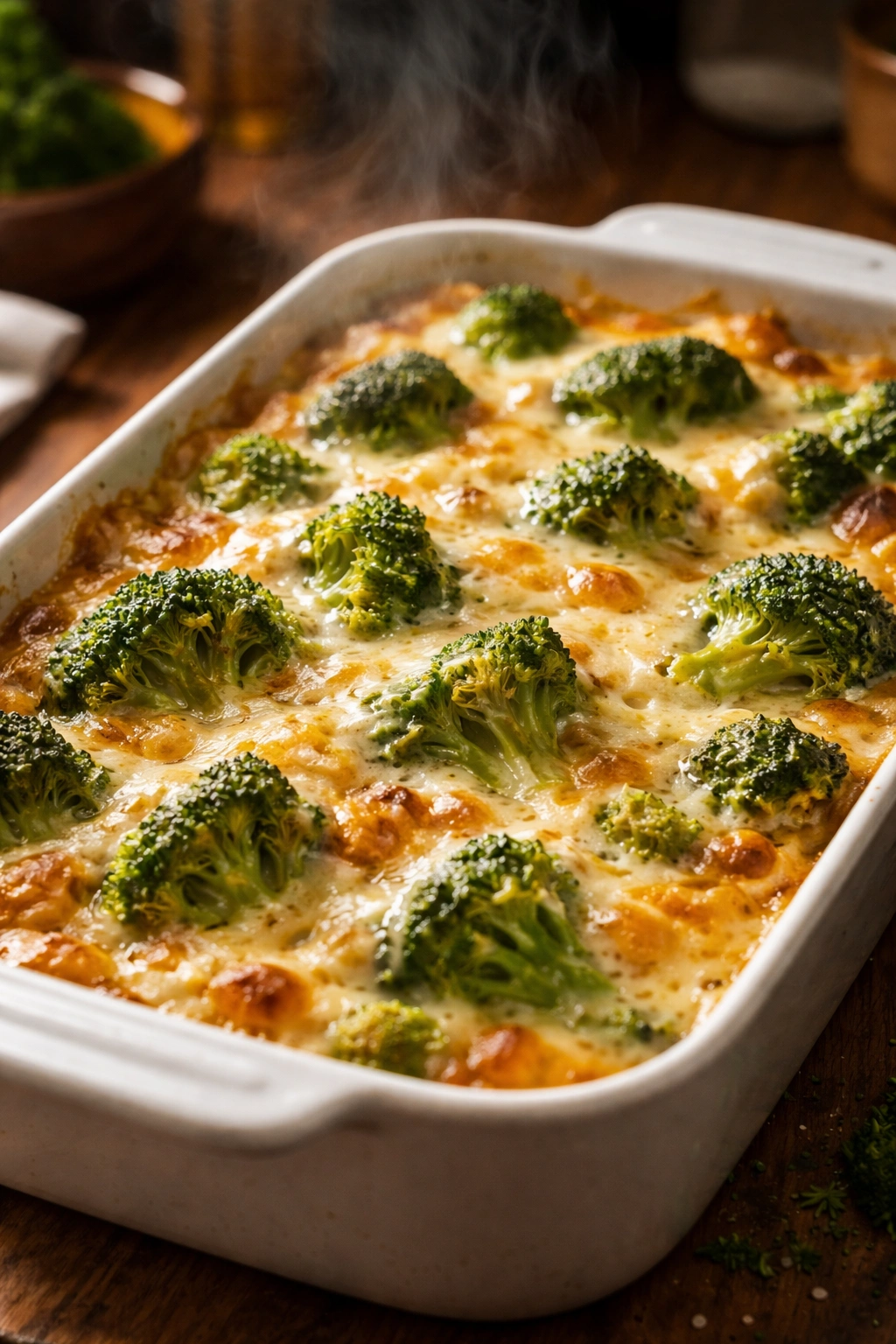 Close-up of creamy broccoli cheese bake showing broccoli and melted cheese