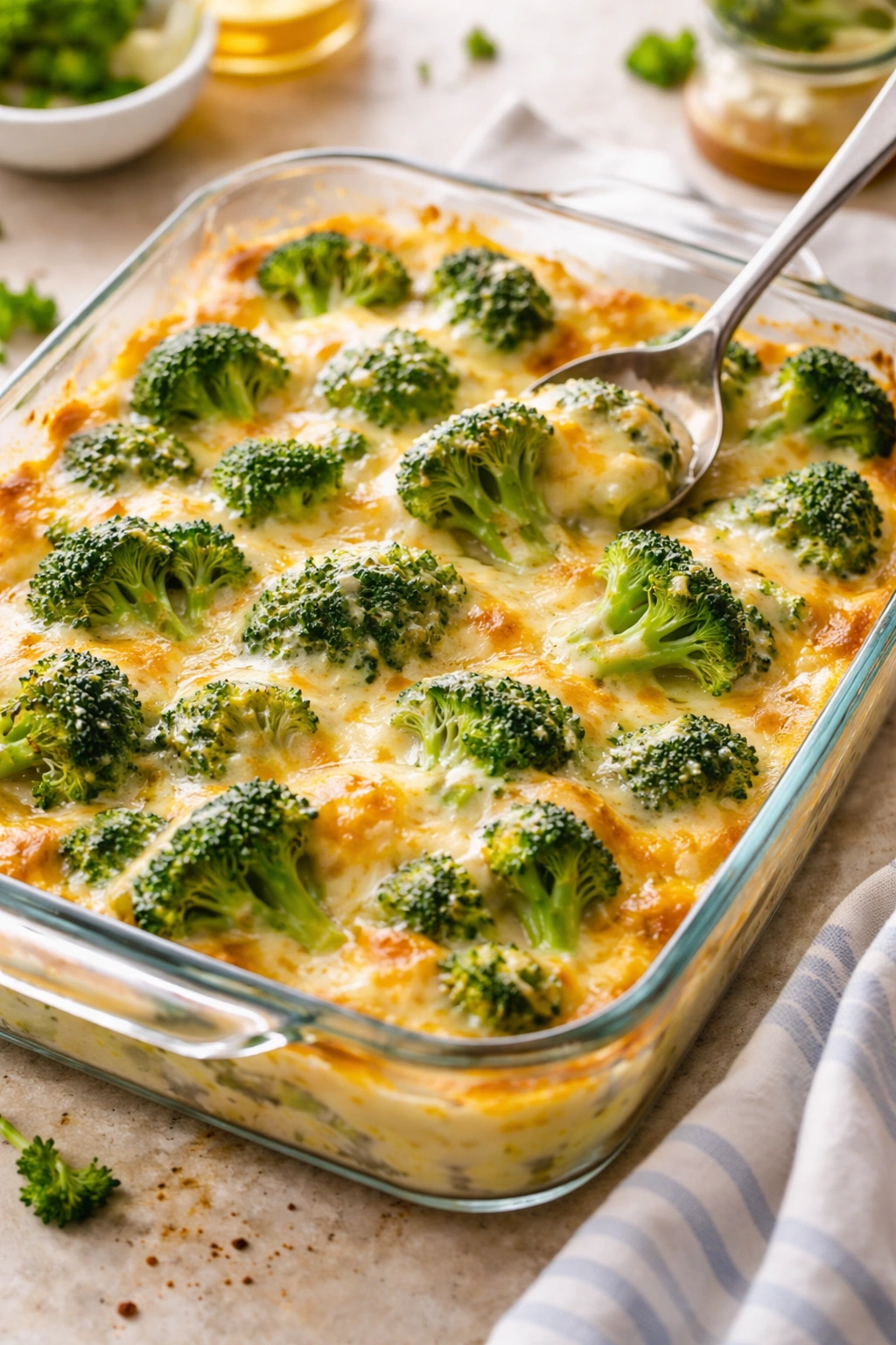 Bright broccoli bake in a glass dish with creamy cheese sauce, vibrant green florets