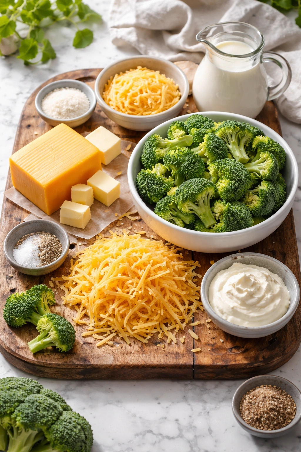 Fresh broccoli florets and cheddar cheese on wood with butter and milk, ingredients for broccoli cheese bake