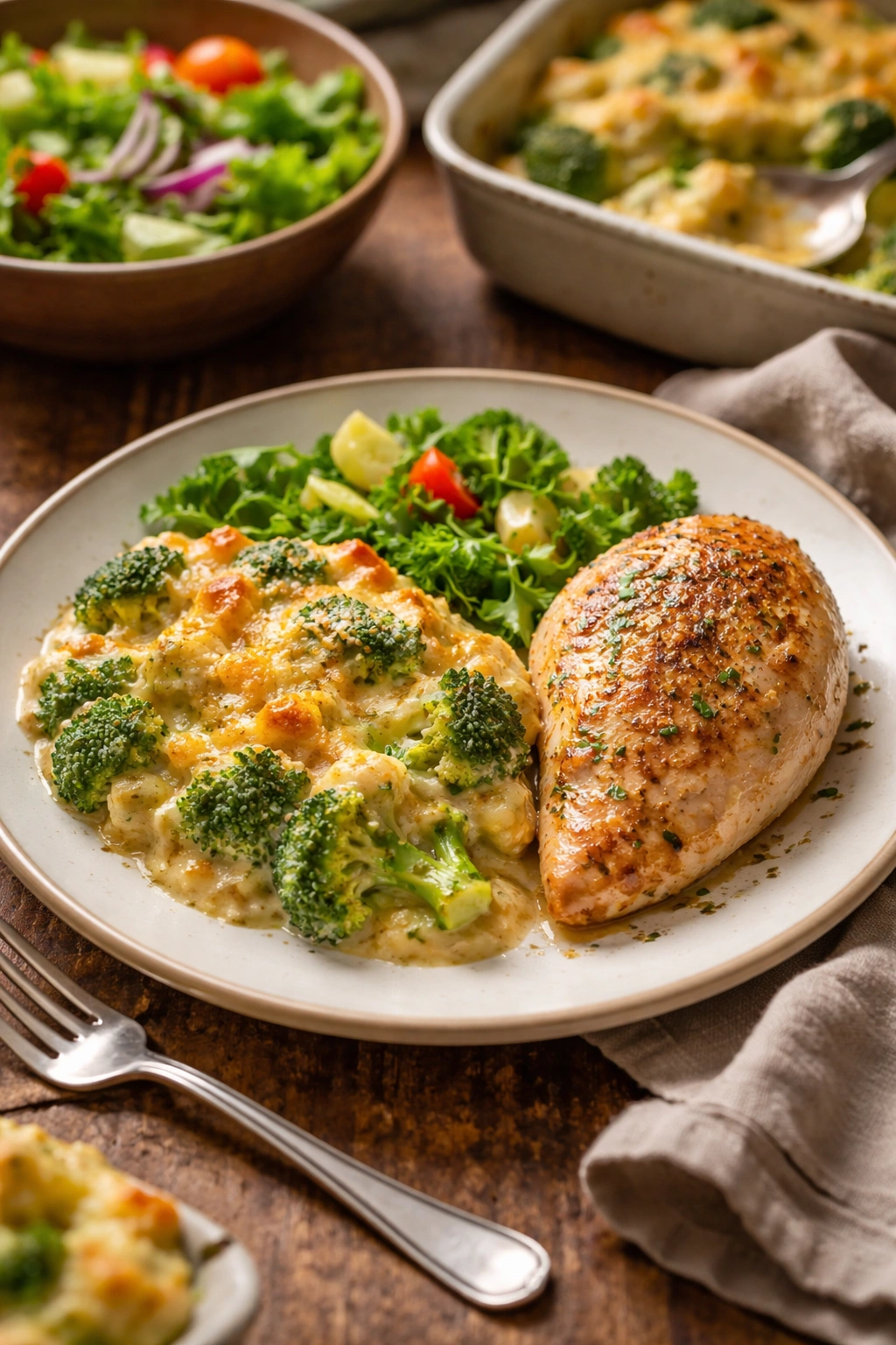 Broccoli cheese bake served with roasted chicken to illustrate serving ideas