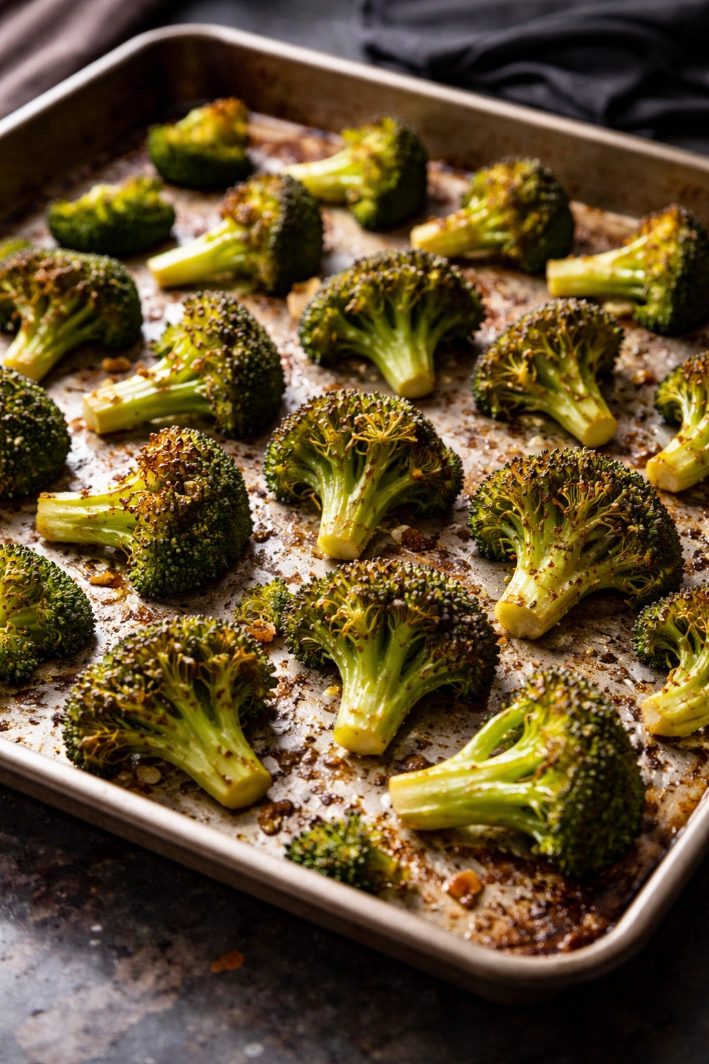 Broccoli florets in a single layer on a baking sheet with browned edges