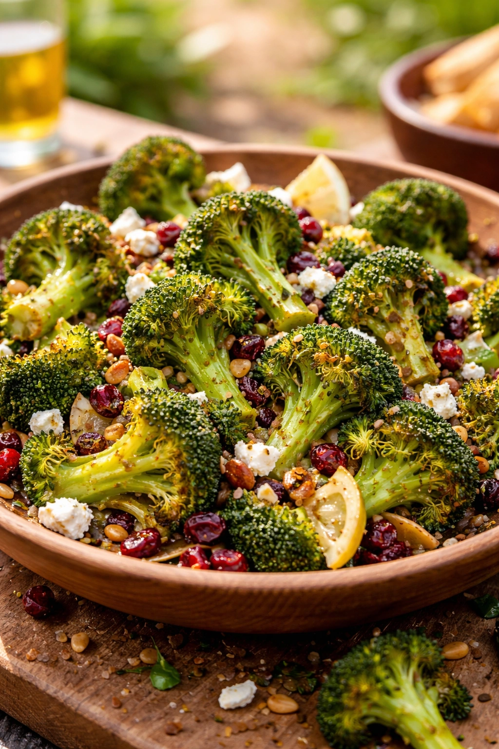 Close-up of roasted broccoli florets with caramelized edges on a wooden board