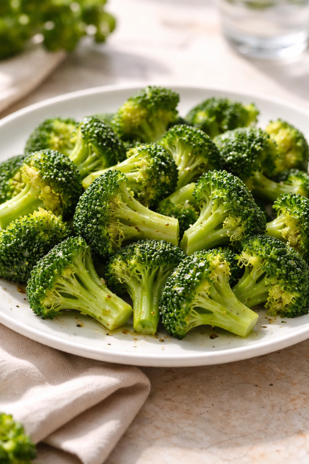 Tender-crisp broccoli florets on a white plate with bright lighting