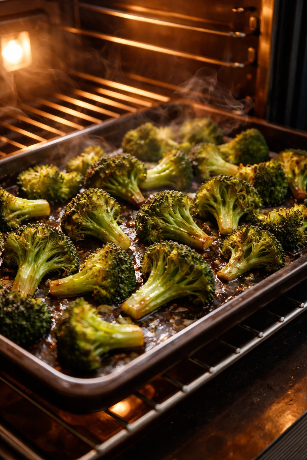 Close-up of broccoli on a baking sheet in a hot oven browning and steaming