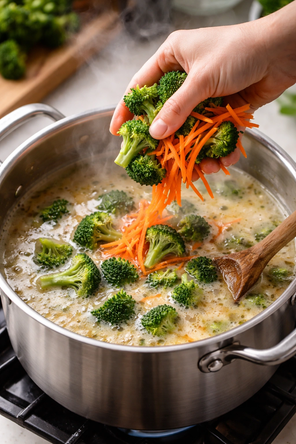 Broccoli and carrot pieces added to simmering soup on stovetop