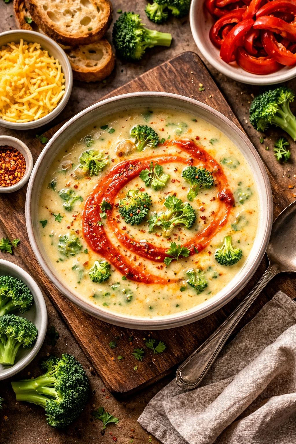 Broccoli cheddar soup with roasted red pepper swirl.