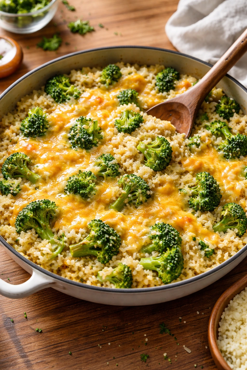 Close-up of broccoli cheddar rice in a skillet with bright broccoli and melty cheese