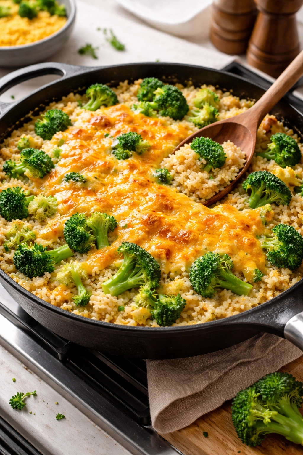 Skillet broccoli cheddar rice in a pan with melted cheese