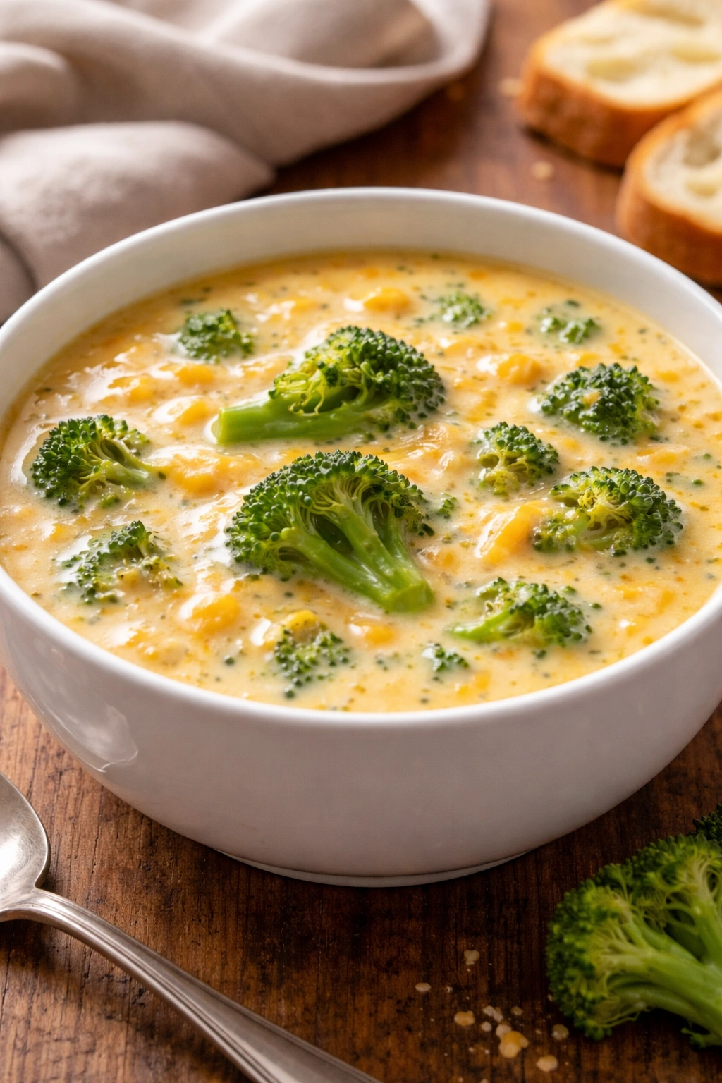 Creamy broccoli cheddar soup with broccoli florets in a bowl