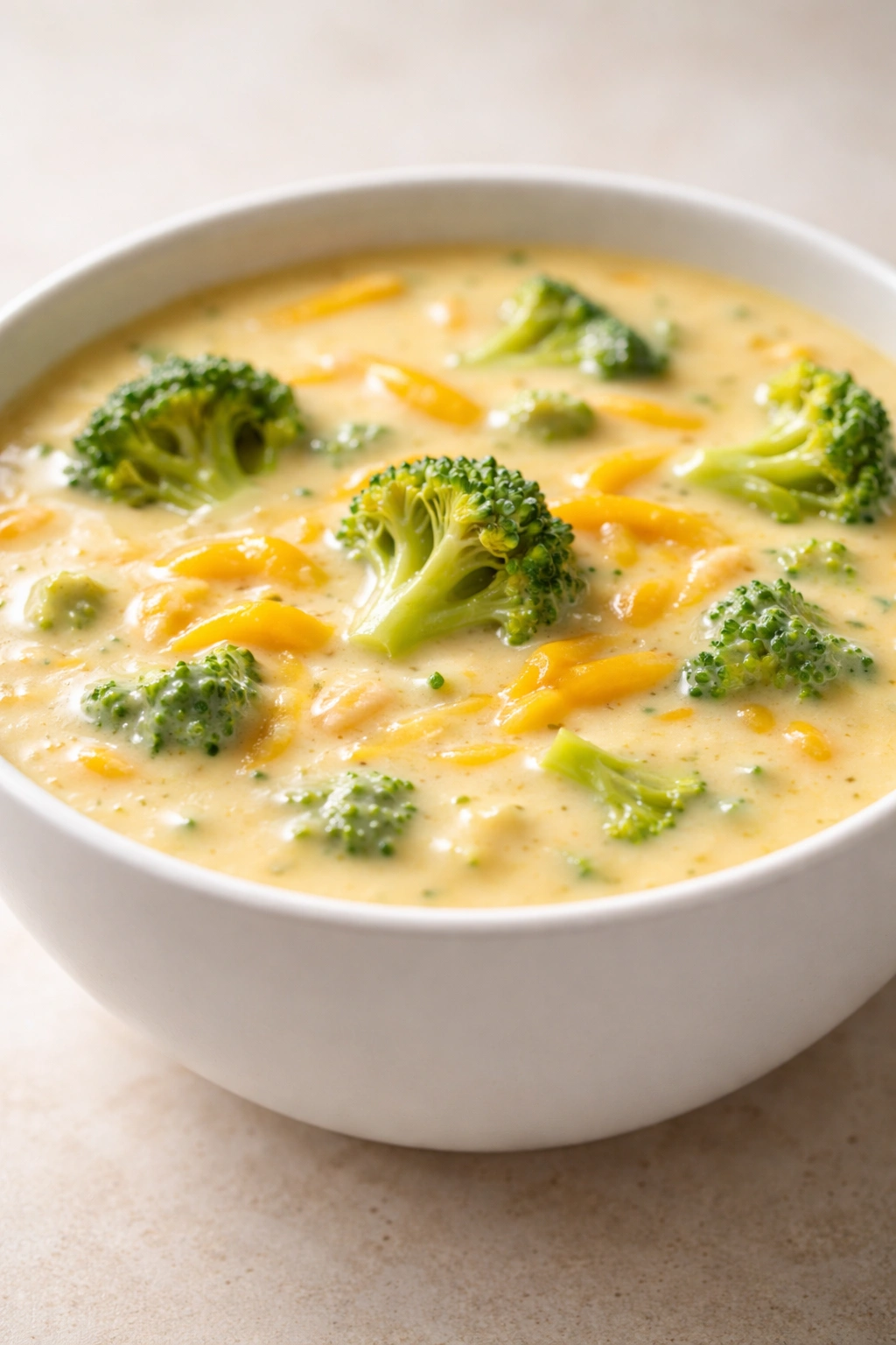 Close-up of broccoli cheddar soup in a white bowl with visible broccoli florets.